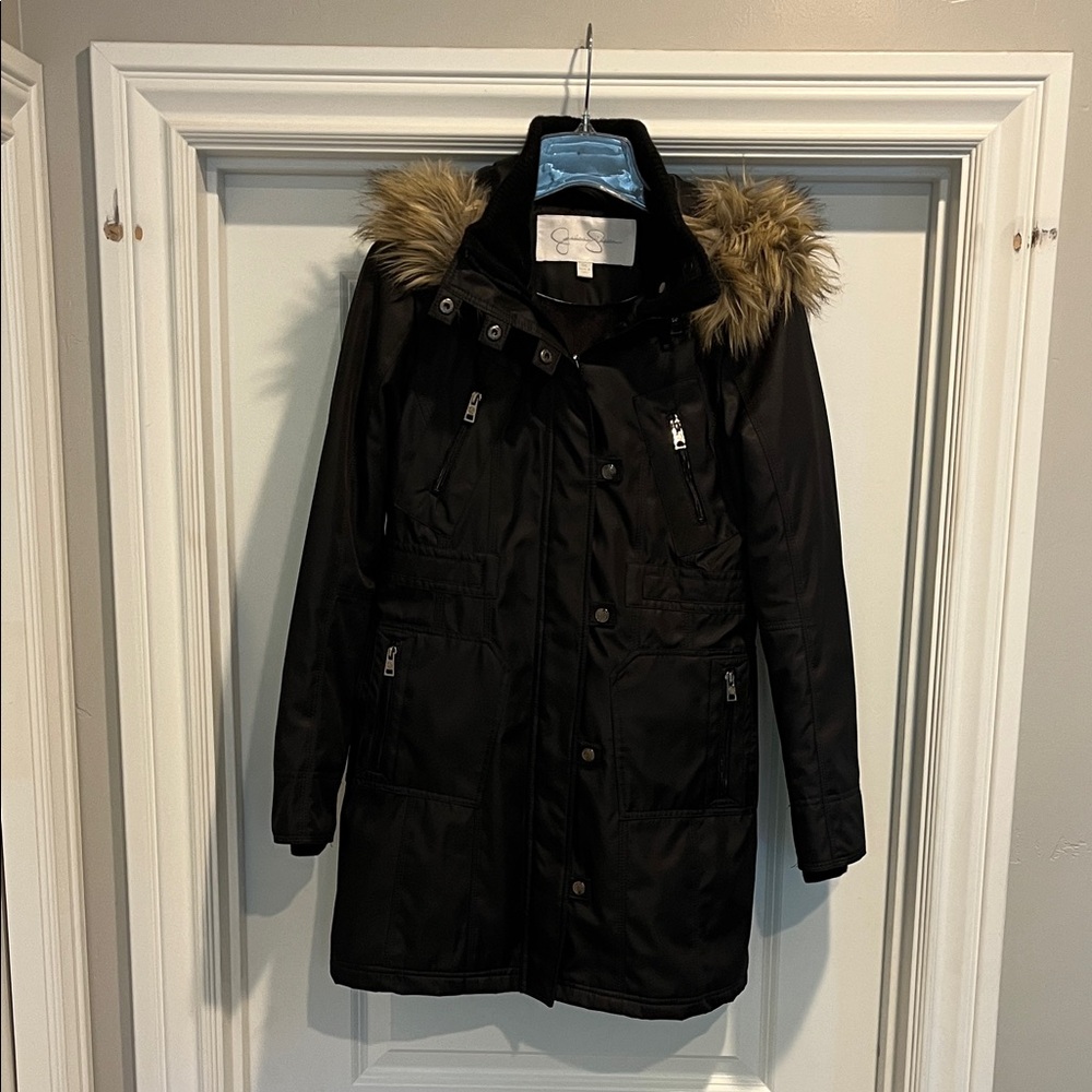 Jessica Simpson Black Coat with Detachable Hood and Detachable Faux Fur Trim
